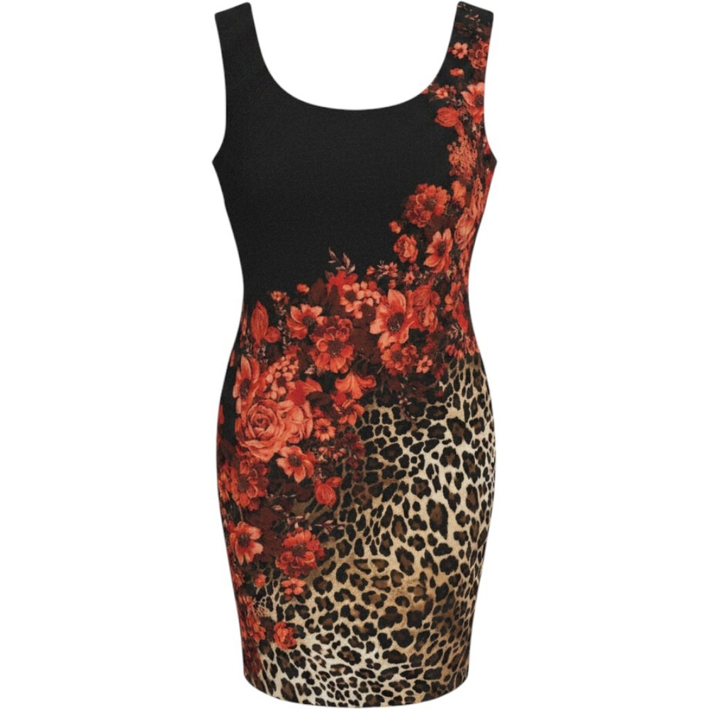 Cache Sheath Dress Size M Black Red Leopard Floral Scoop Neck Bodycon
